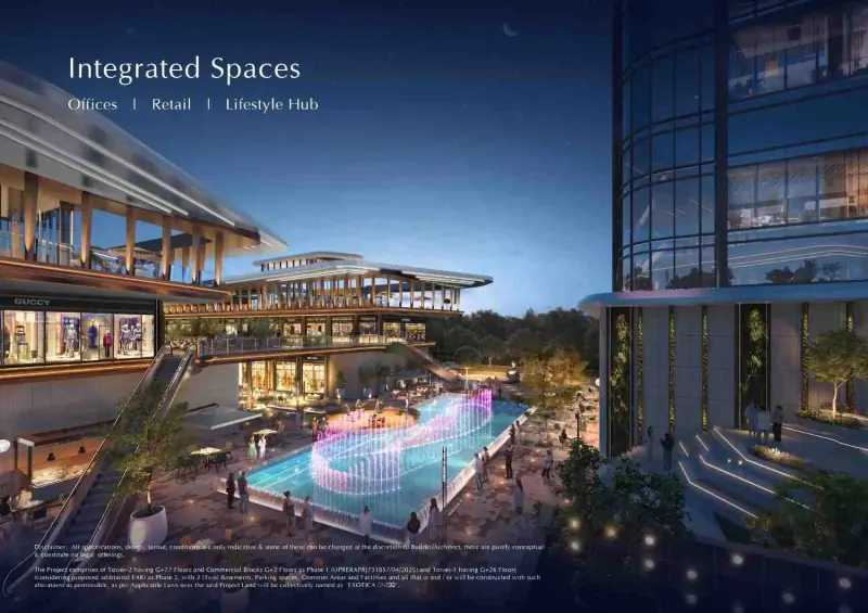 Exotica One32 integrated offices, retail and lifestyle hub around a fountain plaza